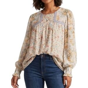 Entro Boho Floral Embroidered Mixed Print Blouse Long Sleeve Rayon - Size 1X